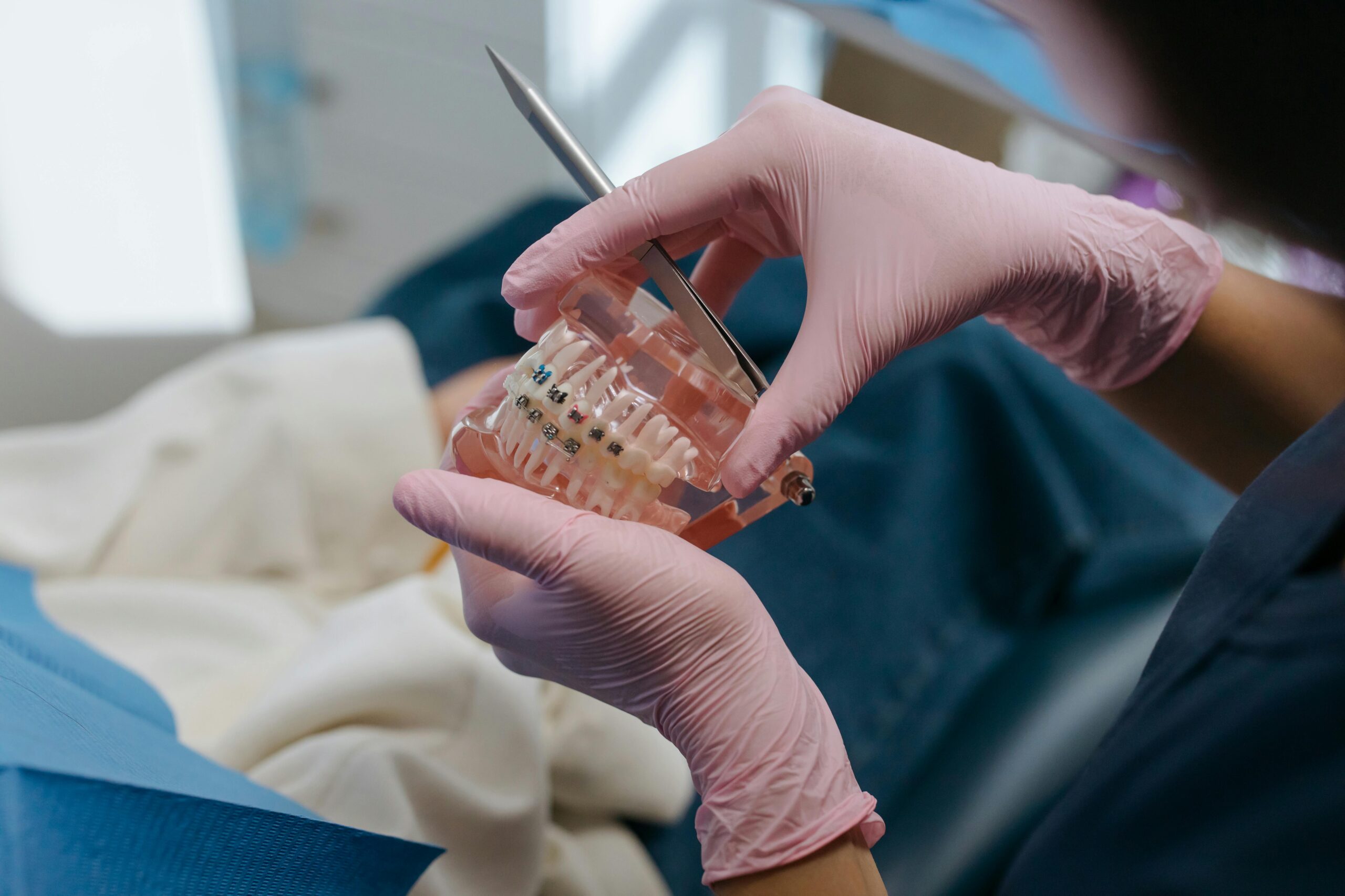 A patient with fixed metal braces